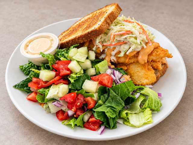 Crispy Fish Reuben with House Salad.